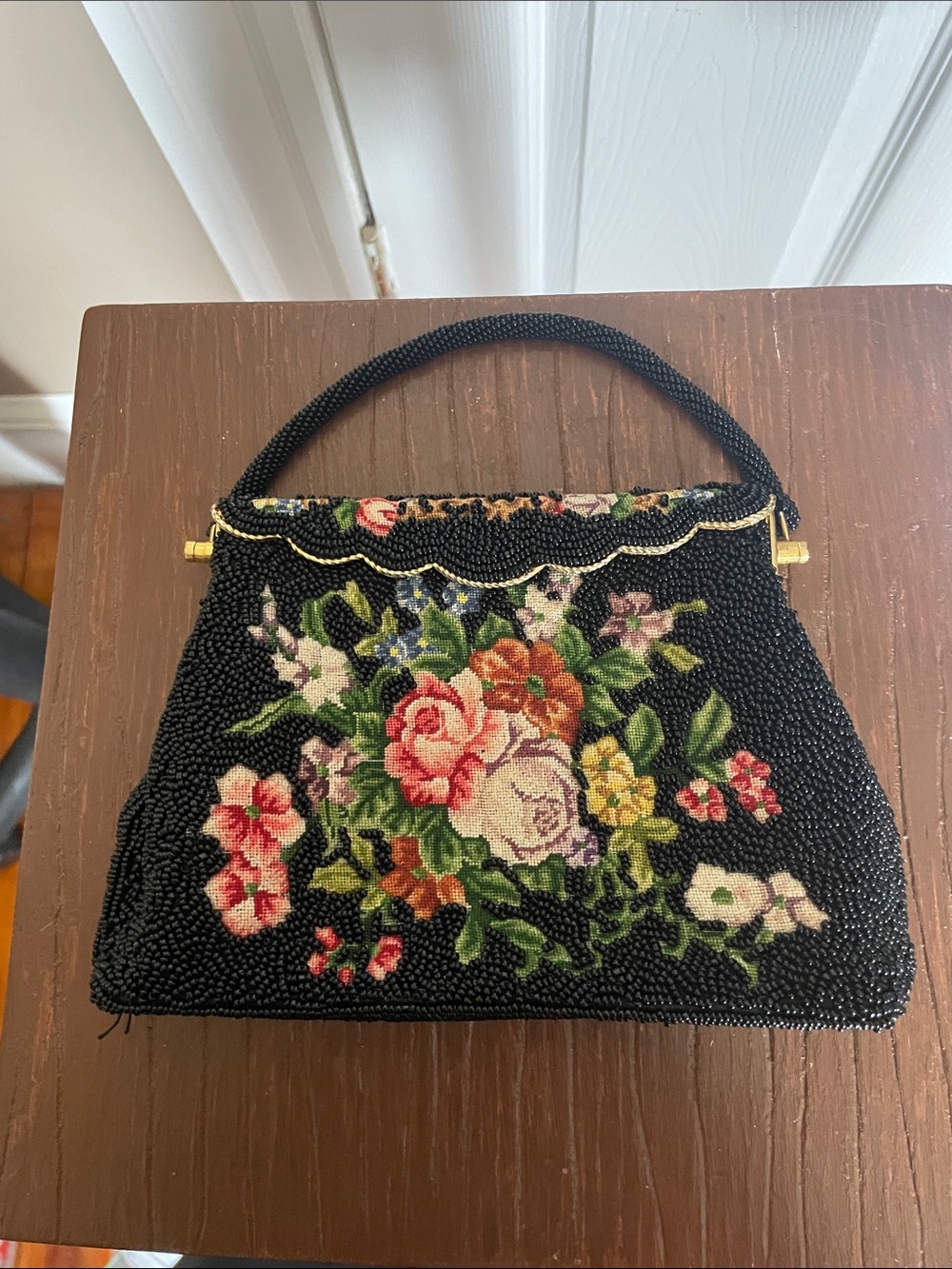 Vintage Black Beaded  embroidered Floral Wristlet Clutch